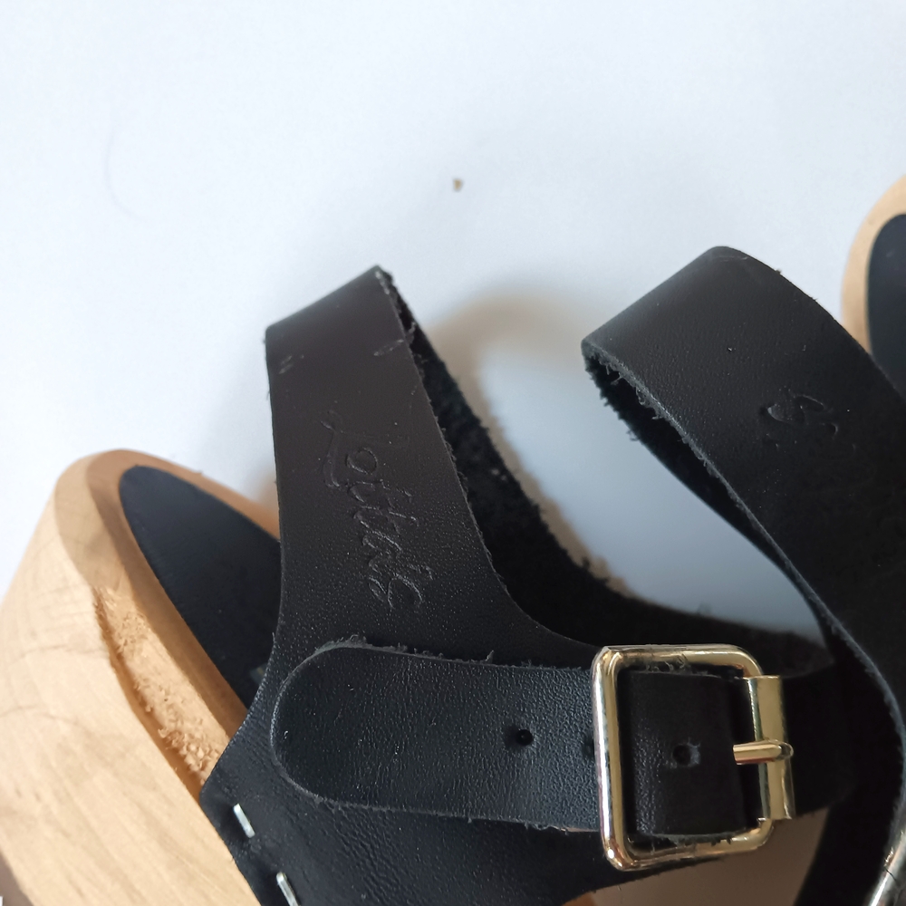 Lotta's Lotta From Stockholm Low Wood Black Leather Swedish Wooden Clogs Size 38 - Picture 5 of 9